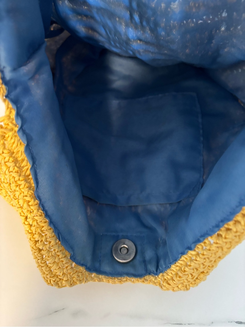 Yellow Crochet Shoulder Bag with Blue Flower Accent - Picture 3 of 5